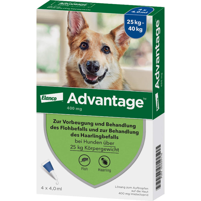 Elanco Advantage 400 bei Hunden 25 kg - 40 kg Lösung zur Vorbeugung und Behandlung des Floh- und Haarlingsbefalls, 4 St. Ampullen