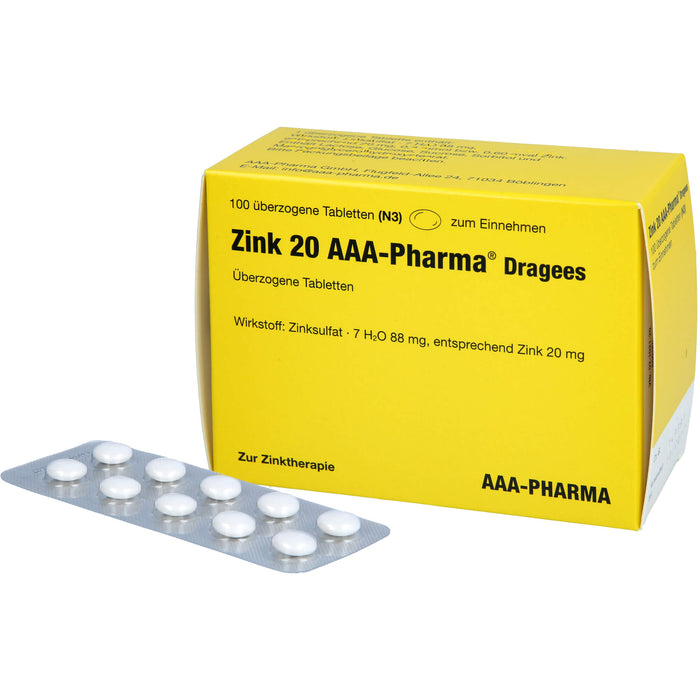 Zink 20 AAA-Pharma Dragees zur Zinktherapie, 100 St. Tabletten