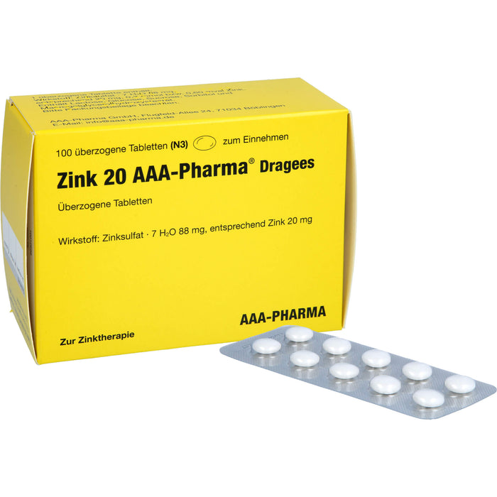 Zink 20 AAA-Pharma Dragees zur Zinktherapie, 100 St. Tabletten