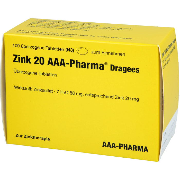 Zink 20 AAA-Pharma Dragees zur Zinktherapie, 100 St. Tabletten