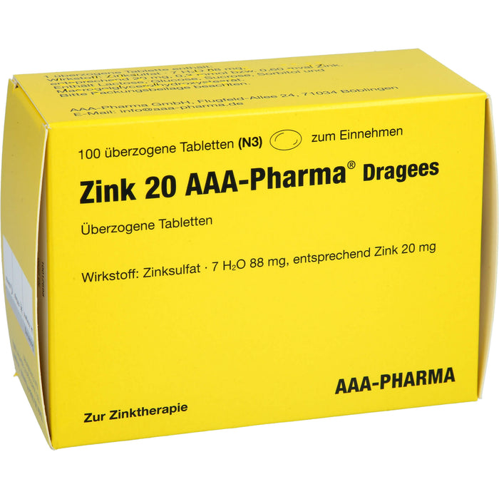Zink 20 AAA-Pharma Dragees zur Zinktherapie, 100 St. Tabletten