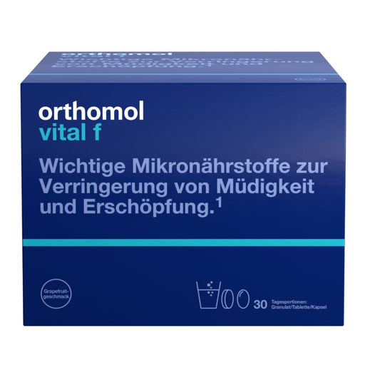 Orthomol Vital f für Frauen - bei Müdigkeit - mit B-Vitaminen, Omega-3-Fettsäuren, Magnesium - Grapefruit-Geschmack - Granulat/Tabletten/Kapseln, 30 St. Tagesportionen