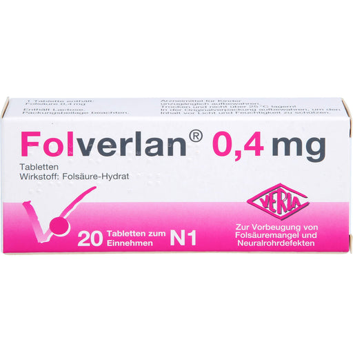 VERLA Folverlan 0,4 mg Tabletten zur Vorbeugung von Folsäuremangel und Neuralrohrdefekten, 20 St. Tabletten