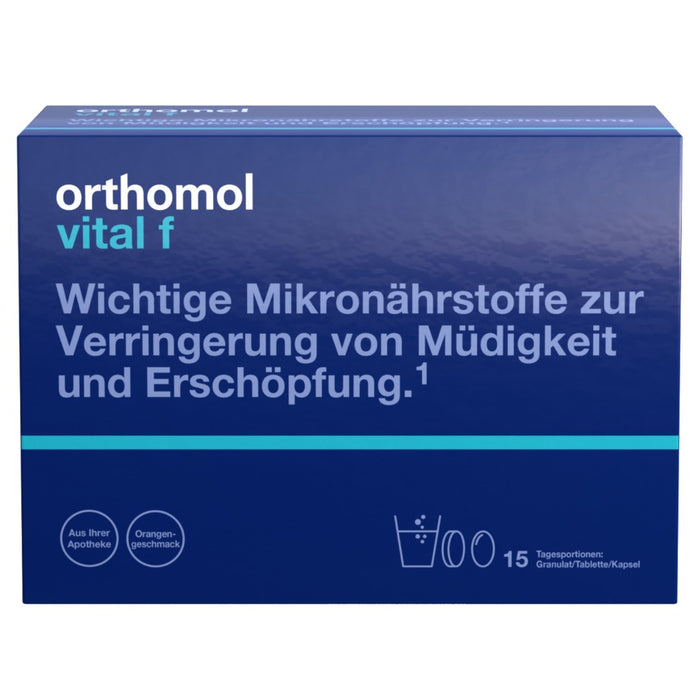 Orthomol Vital f für Frauen - bei Müdigkeit - mit B-Vitaminen, Omega-3-Fettsäuren und Magnesium - Orangen-Geschmack - Granulat/Tabletten/Kapseln, 15 St. Tagesportionen