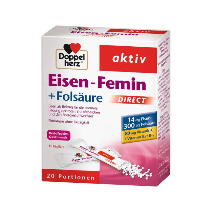 Doppelherz aktiv Eisen-Femin + Folsäure direct mit Waldfruchtgeschmack, 20 St. Beutel
