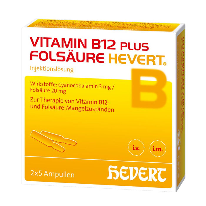 Vitamin B12 plus Folsäure Hevert zur Therapie und Prophylaxe von Folsäure- und Vitamin B12-Mangel, 10 St. Ampullen