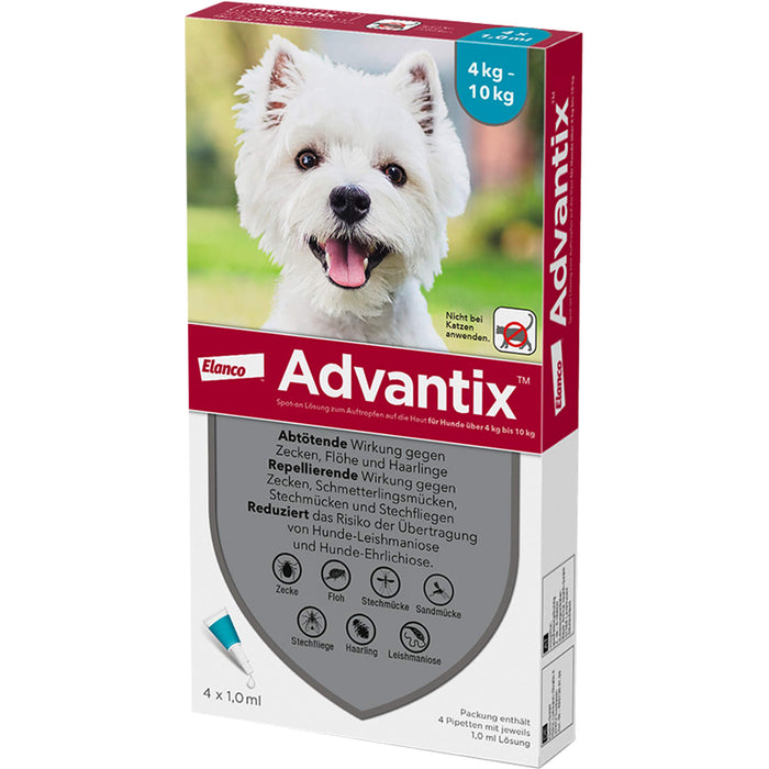 Advantix Spot-On 100 für kleine Hunde von 4 bis 10 kg Körpergewicht gegen Zecken, Flöhe und fliegende Insekten, 4 St. Einzeldosisbehältnisse