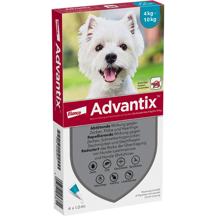 Advantix Spot-On 100 für kleine Hunde von 4 bis 10 kg Körpergewicht gegen Zecken, Flöhe und fliegende Insekten, 4 St. Einzeldosisbehältnisse