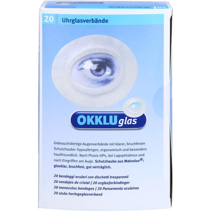 Okkluglas Uhrglasverband gebrauchsfertiger Augenverband mit klarer, bruchfester Schutzhaube, 20 St. Verband