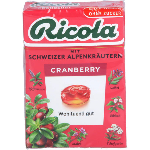Ricola Schweizer Kräuterbonbons Box Cranberry ohne Zucker, 50 g Bonbons