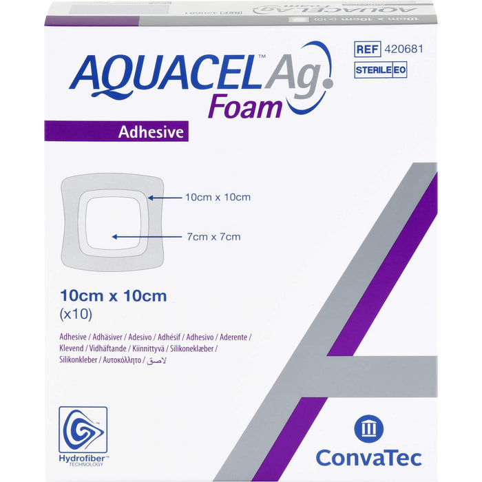 AQUACEL Ag Foam adhäsiv 10x10cm, 10 St VER