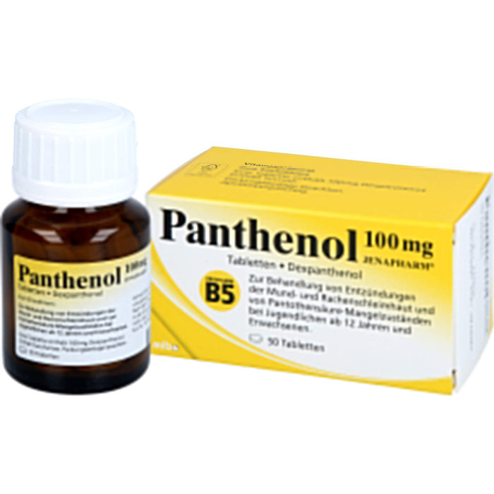 Panthenol 100 mg JENAPHARM Tabletten zur Behandlung von Entzündungen der Mund- und Rachenschleimhaut und von Pantothensäure-Mangelzuständen, 50 St. Tabletten