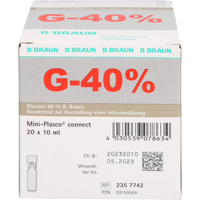 Glucose 40 % B. Braun Mini-Plasco connect Konzentrat zur Herst. einer Inf.-Lsg., 10 ml, 200 ml Lösung