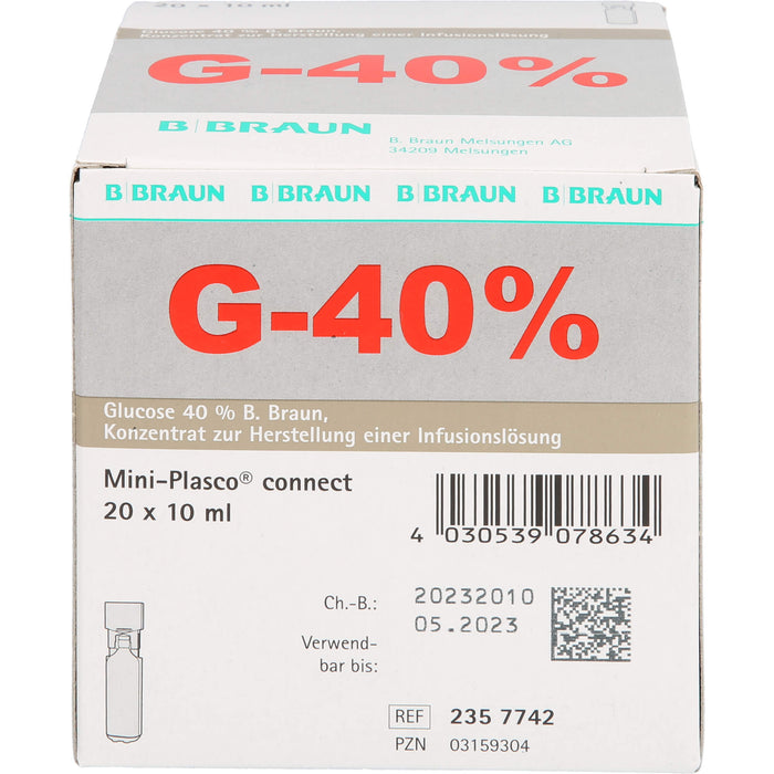 Glucose 40 % B. Braun Mini-Plasco connect Konzentrat zur Herst. einer Inf.-Lsg., 10 ml, 200 ml Lösung
