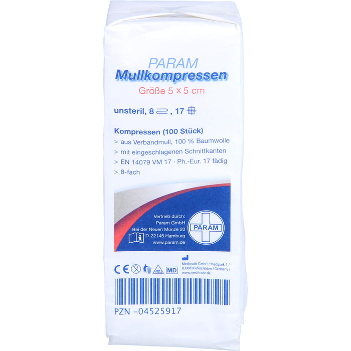 PARAM Mullkompressen 5 cm x 5 cm unsteril 8-fach, 100 St. Kompressen