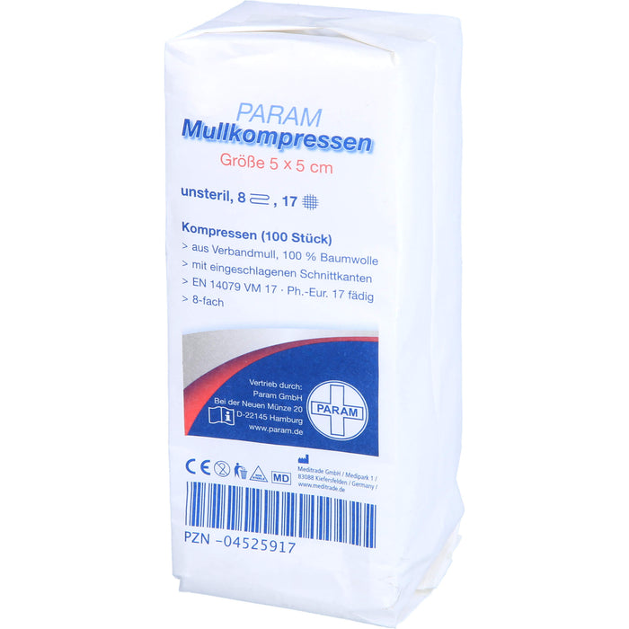 PARAM Mullkompressen 5 cm x 5 cm unsteril 8-fach, 100 St. Kompressen