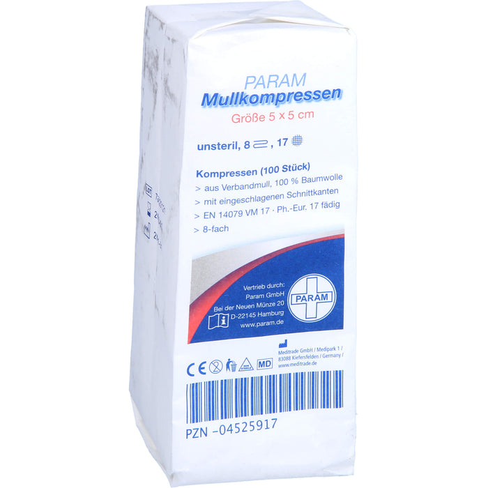 PARAM Mullkompressen 5 cm x 5 cm unsteril 8-fach, 100 St. Kompressen