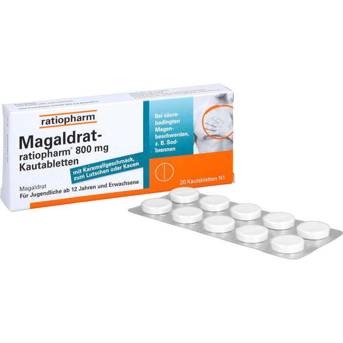Magaldrat-ratiopharm 800 mg Kautabletten bei säurebedingten Magenschmerzen und Sodbrennen, 20 St. Tabletten