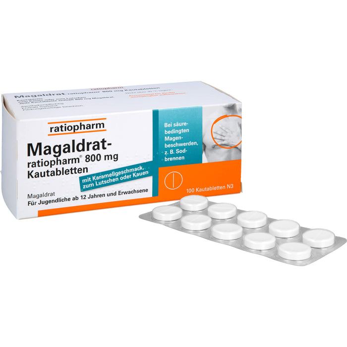 Magaldrat-ratiopharm 800 mg Kautabletten bei säurebedingten Magenbeschwerden z.B.  Sodbrennen, 100 St. Tabletten