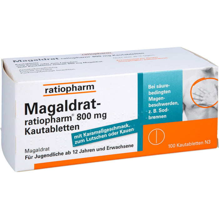 Magaldrat-ratiopharm 800 mg Kautabletten bei säurebedingten Magenbeschwerden z.B.  Sodbrennen, 100 St. Tabletten
