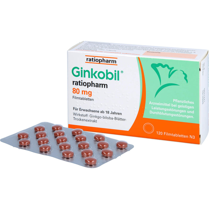 Ginkobil ratiopharm 80 mg Filmtabletten bei geistigen Leistungsstörungen und Durchblutungsstörungen, 120 St. Tabletten