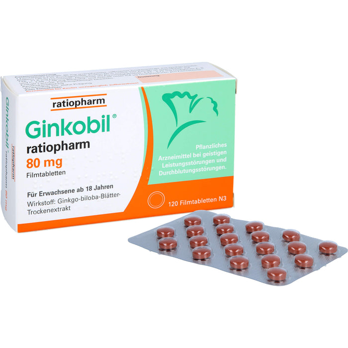 Ginkobil ratiopharm 80 mg Filmtabletten bei geistigen Leistungsstörungen und Durchblutungsstörungen, 120 St. Tabletten