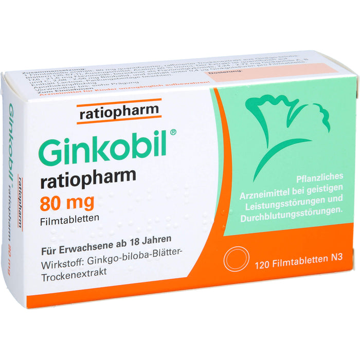 Ginkobil ratiopharm 80 mg Filmtabletten bei geistigen Leistungsstörungen und Durchblutungsstörungen, 120 St. Tabletten