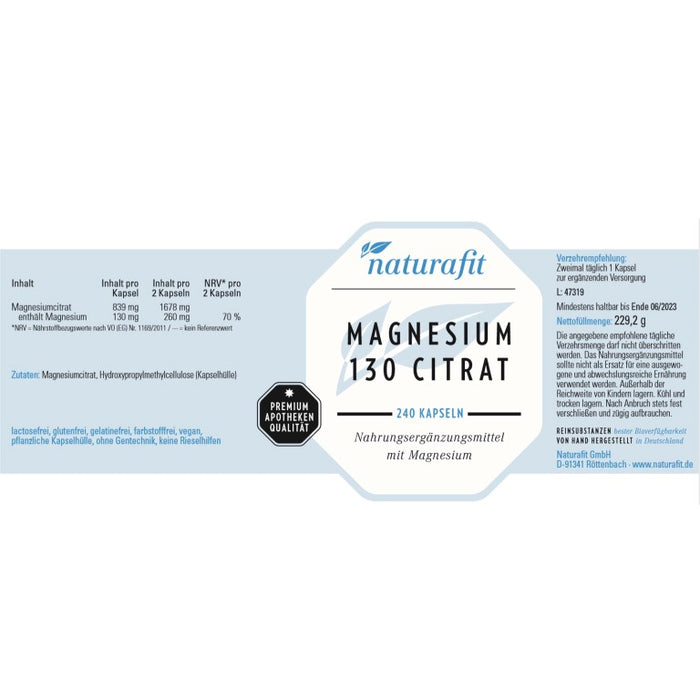 naturafit Magnesium 130 Citrat Kapseln, 240 St. Kapseln