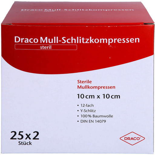 SCHLITZKOMPRESSE Mull 10x10cm 12fach steril Ausb, 25X2 St KOM