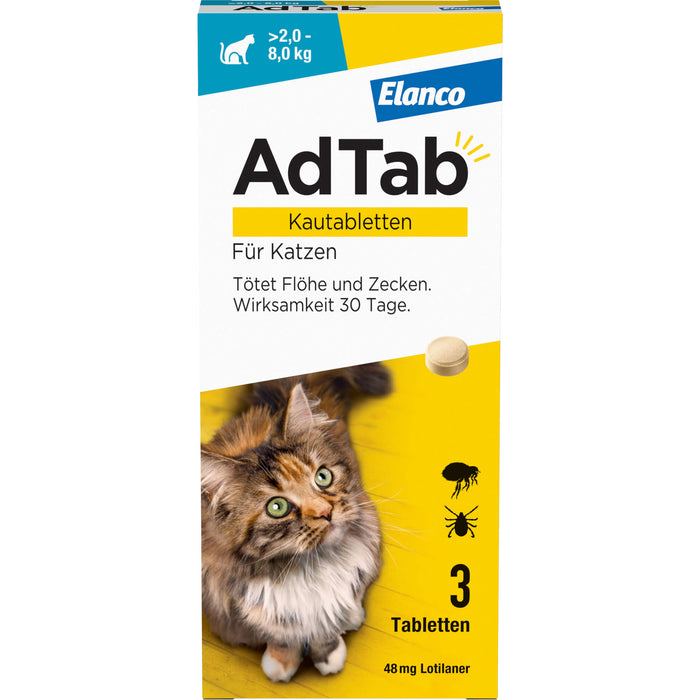AdTab Kautabletten für Katzen über 2 bis 8 kg gegen Zecken und Flöhe, 3 St. Kautabletten