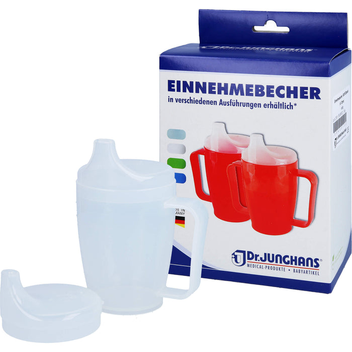 Dr. Junghans Einnehmebecher 250 ml mit Griff weiß 2 Deckel 4 und 12 mm, 1 St. Becher