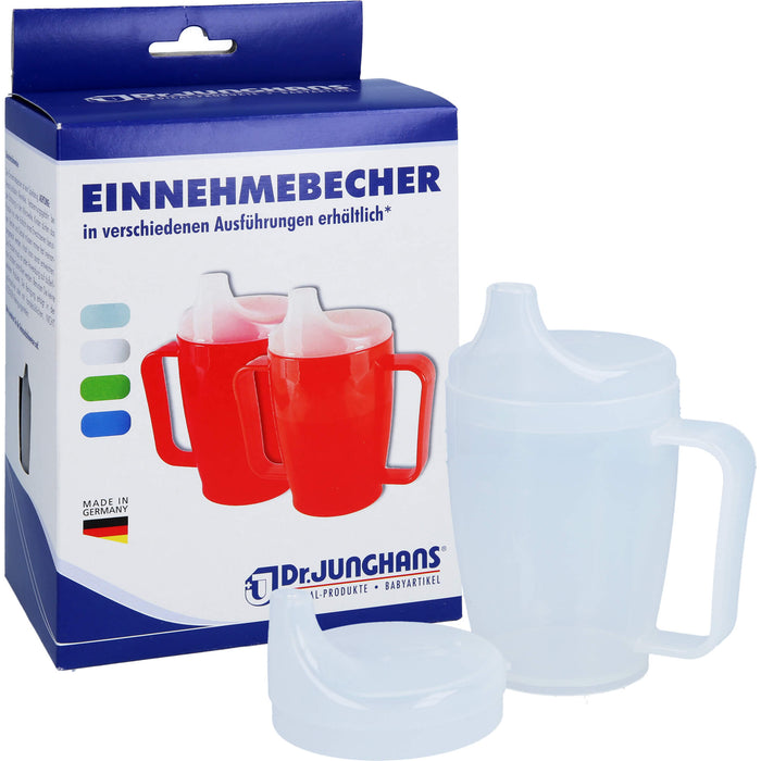 Dr. Junghans Einnehmebecher 250 ml mit Griff weiß 2 Deckel 4 und 12 mm, 1 St. Becher