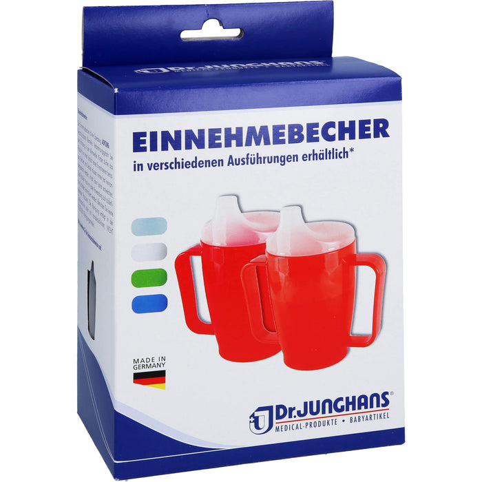 Dr. Junghans Einnehmebecher 250 ml mit Griff weiß 2 Deckel 4 und 12 mm, 1 St. Becher