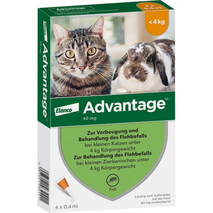 advantage 40 mg zur Vorbeugung und Behandlung des Flohbefalls bei Katzen und Zierkaninchen bis 4 kg, 4 St. Einzeldosisbehältnisse