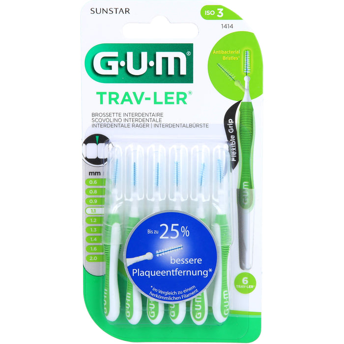 GUM TRAV-LER grün Tanne 1,1mm Interdental+6 Kappen, 5 St. Interdentalbürsten