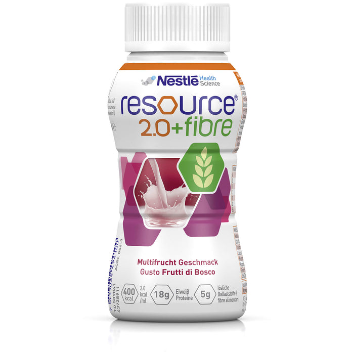 Nestlé Resource 2.0 + fibre hochkalorische Trinknahrung mit Ballaststoffen bei Mangelernährung mit Multifrucht-Geschmack, 800 ml Lösung