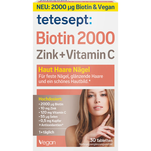 Tetesept Biotin 2000 Zink + Vitamin C Filmtabletten für Haut, Haare und Nägel, 30 St. Tabletten