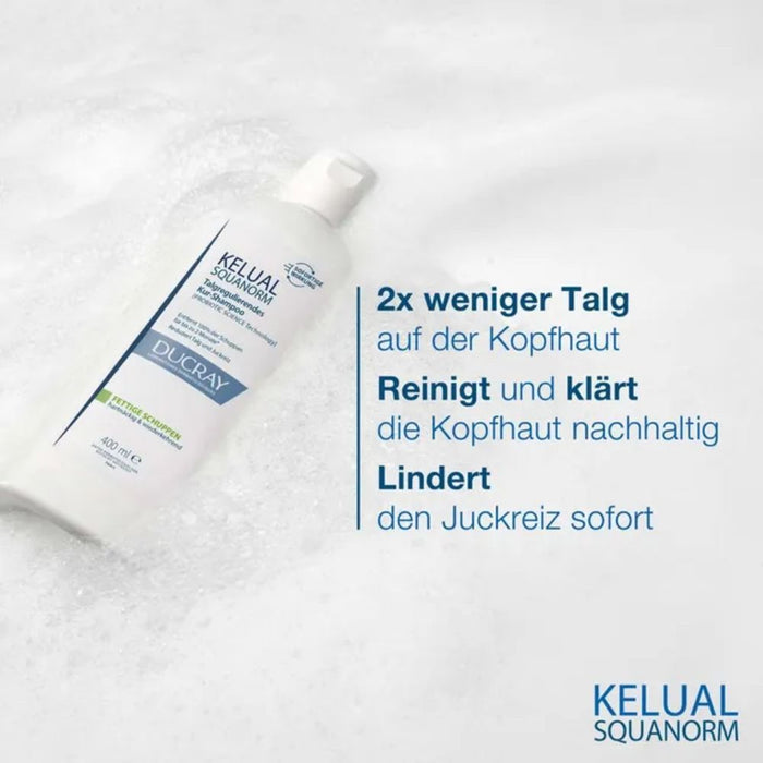DUCRAY Kelual Squanorm talgreduzierendes Kur-Shampoo bei fettigen Schuppen, 400 ml Shampoo