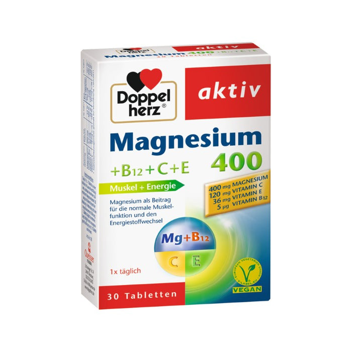 Doppelherz aktiv Magnesium 400 + B12 + C + E Tabletten für den Energiestoffwechsel und die Muskelfunktion, 30 St. Tabletten