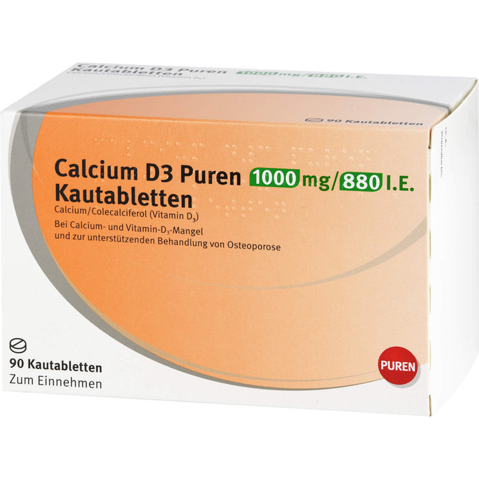 PUREN Calcium D3 1000 mg/880 I.E. Kautabletten zur unterstützenden Behandlung von Osteoporose, 90 St. Tabletten