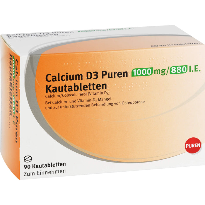 PUREN Calcium D3 1000 mg/880 I.E. Kautabletten zur unterstützenden Behandlung von Osteoporose, 90 St. Tabletten