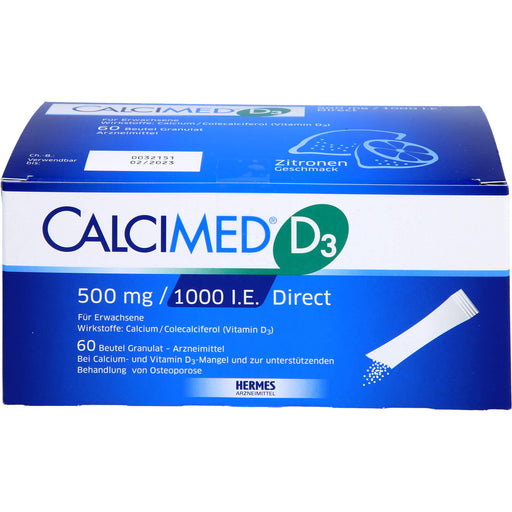 Calcimed D3 500 mg / 1000 I.E. Direct Granulat bei Calcium- und Vitamin D3 Mangel und zur unterstützenden Behandlung von Osteoporose, 60 St. Beutel