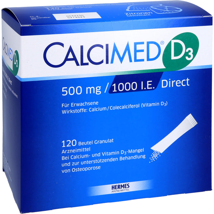 Calcimed D3 500 mg / 1000 I.E. Direct Granulat bei Calcium- und Vitamin D3-Mangel, 120 St. Beutel