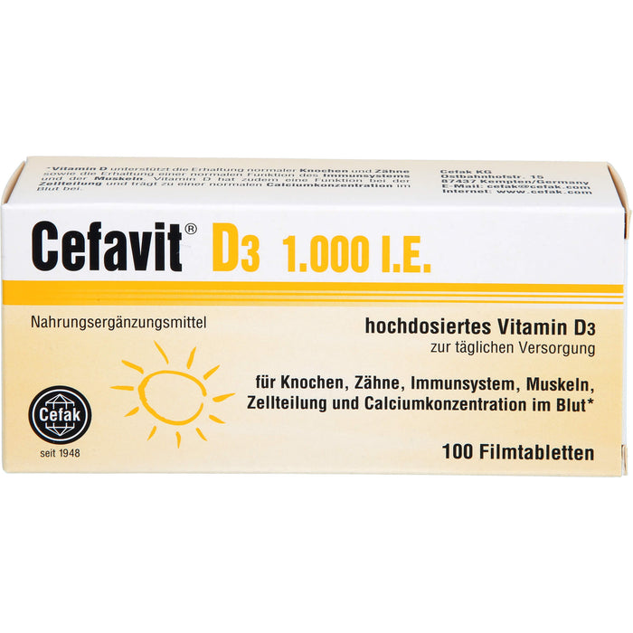 Cefavit D3 1,000 I.E. Tabletten für Knochen, Zähne, Immunsystem, Muskeln und Calciumkonzentration im Blut, 100 St. Tabletten