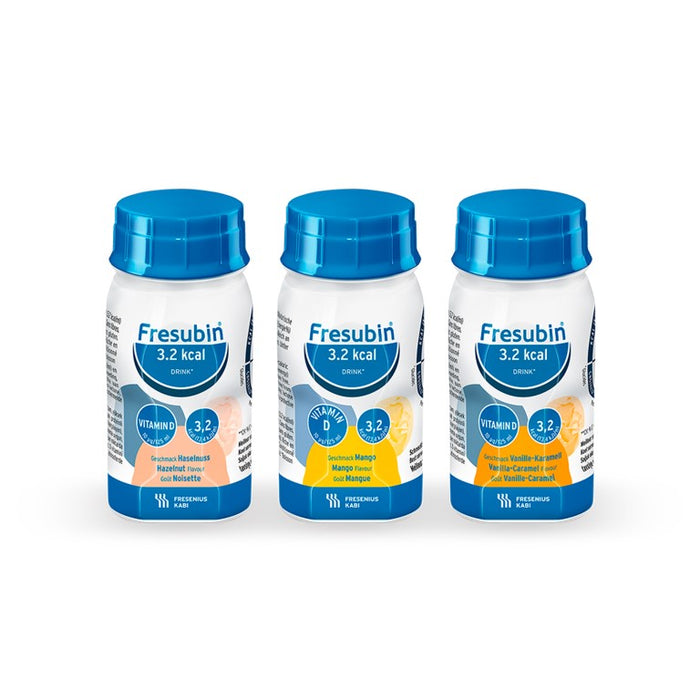 Fresubin 3,2 kcal Drink Mischkarton Vanille-Karamell, Haselnuss, Mango, 3000 ml Lösung