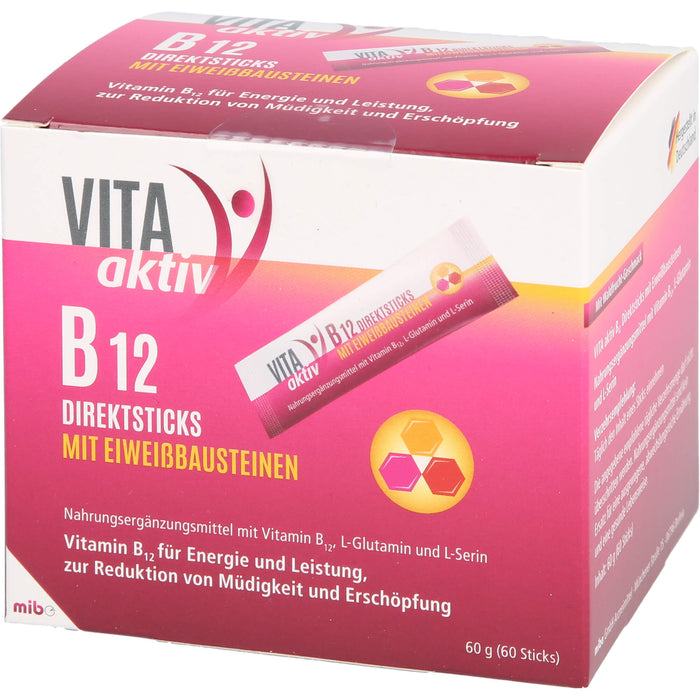 VITA aktiv B12 Direktsticks mit Eiweißbausteinen für Energie und Leistung zur Reduktion von Müdigkeit und Erschöpfung, 60 St. Beutel