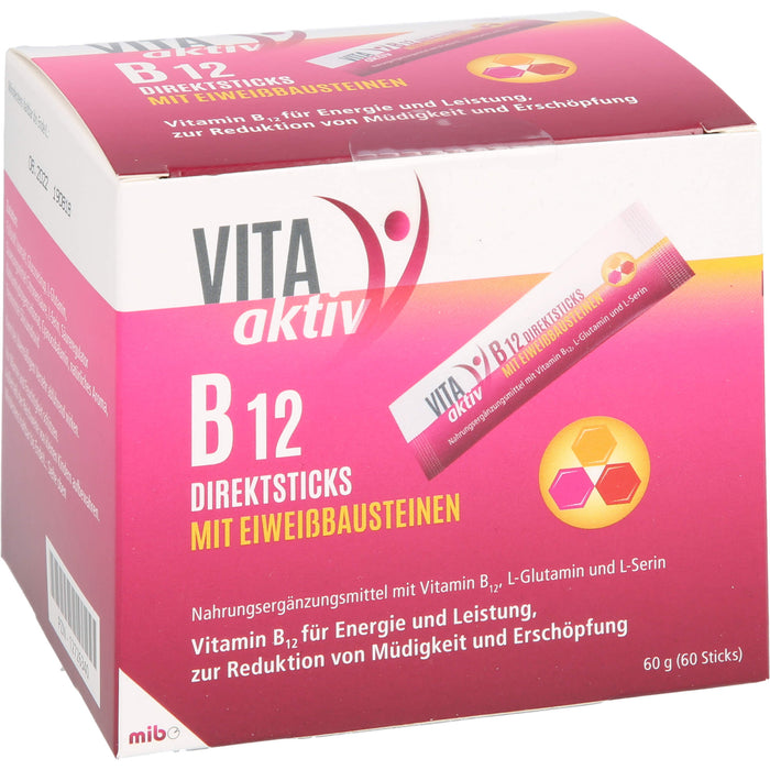 VITA aktiv B12 Direktsticks mit Eiweißbausteinen für Energie und Leistung zur Reduktion von Müdigkeit und Erschöpfung, 60 St. Beutel