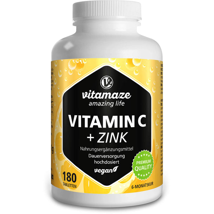 Vitamaze Vitamin C 1000 mg hochdosiert + Zink vegane Tabletten, 180 St. Tabletten
