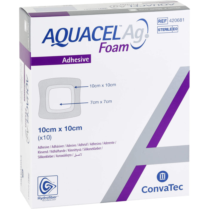 AQUACEL Ag Foam adhäsiv 10x10cm, 10 St VER