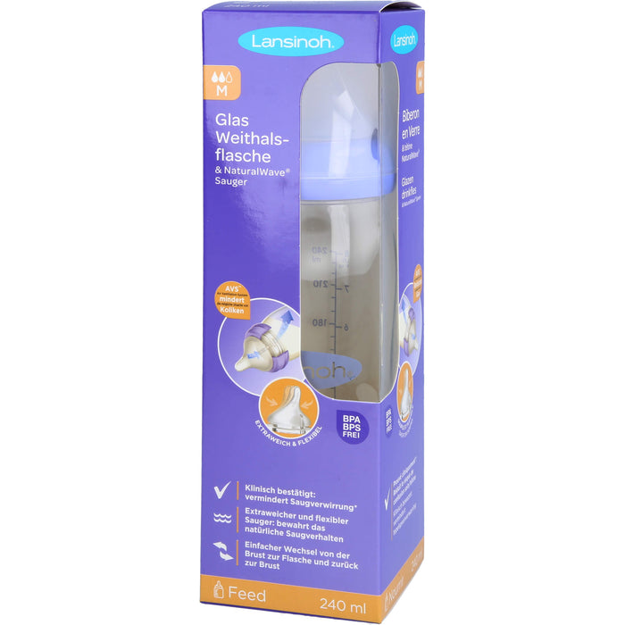 Lansinoh Glas Weithalsflasche 240 ml mit Natural Wave Silikonsauger M, 1 St. Sauger